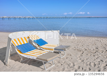 Sun loungers on the beach, Hurghada, Egypt. 135294656