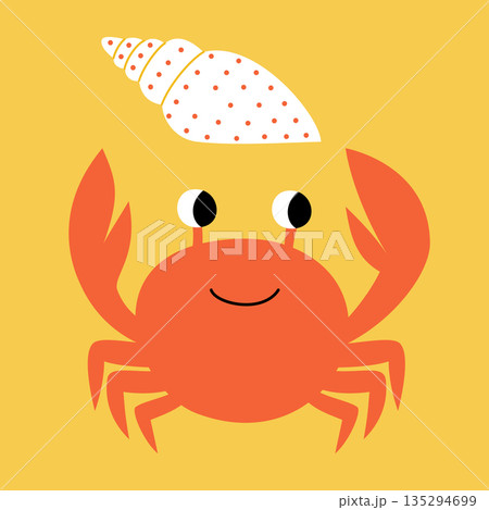 Vector illustration of a cute funny crab with a shell on the beach 135294699