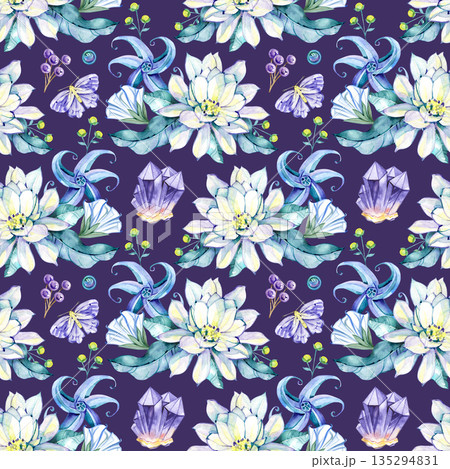 Mystical watercolor illustration with moon flowers, crystals, leaves and butterflies. Dreamy botanical pattern inspired by night garden, magic and celestial aesthetics, perfect for spiritual, fantasy 135294831