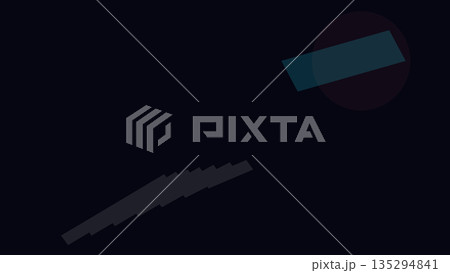 Dark abstract background with one tilted blue rectangle overlapping a translucent circle and jagged black structure at the bottom corner. 135294841