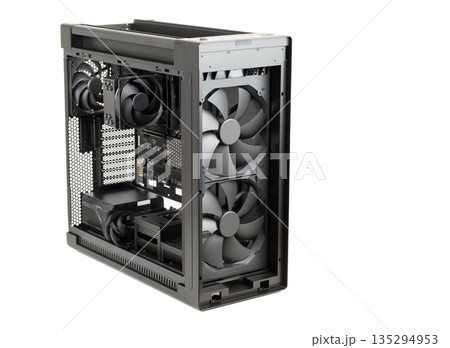Side view  big tower, PC case, chassis,  inside motherboard, CPU, fan, SSD, memory, power supply unit with cables, isolated on white 135294953
