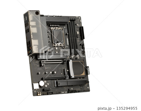 Close-up  ATX motherboard showing components, connectors, and circuit design. Isolated on white background. 135294955