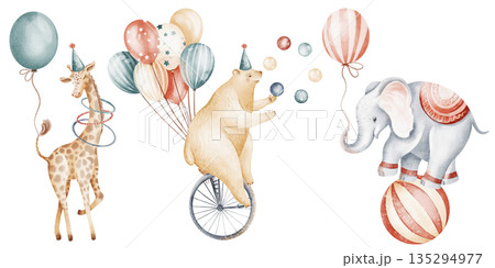 Circus Animals Watercolor Illustration Setのイラスト素材 [135294977] - PIXTA