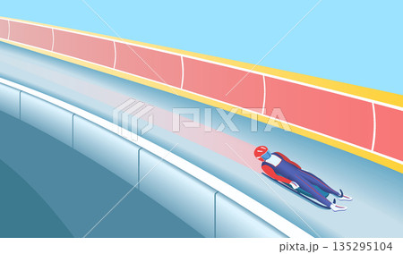 Athlete speeds down a curved icy Luge track. 135295104