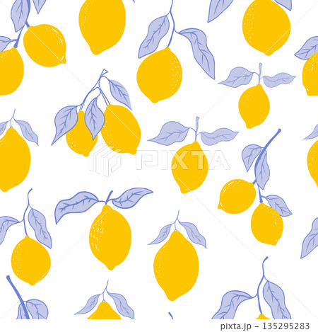 Cute coquette print lemon pattern, bow, stripes. Floral trellis citrus bg, background. Lemon with leaves, lemon slice, part. 135295283