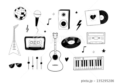 Music retro doodle set punk rock grunge design elements. Vintage sound vinyl, player, cassette tape, instruments, disco and rock. 135295286