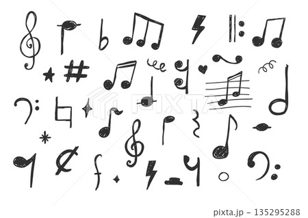 Music notes crayon chalk pencil elements in sketch style. Grunge texture. Whimsical music symbols, signs design element. Border  135295288