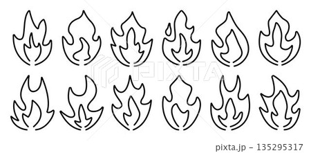 Black line fire and flame icon set, monochrome outline vector signs. Simple bonfire cliparts in different shapes, minimalistic linear doodles, pictograms 135295317
