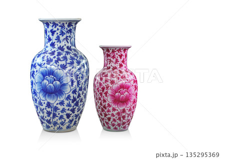 beautiful large blue and white ceramic vase and small white and red ceramic vase on isolated background, object, decor, decoration, old, copy space beautiful large blue and white ceramic vase and small white and red ceramic vase on isolated background, object, decor, decoration, old, copy space 135295369