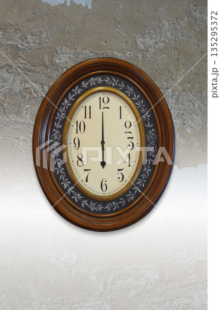 front view Antique brown and gold wooden color wall clocks on old cement wall background,object background, technology, decor, ancient, old, fashion, copy space front view Antique brown and gold wooden color wall clocks on old cement wall background,object background, technology, decor, ancient, old, fashion, copy space 135295372