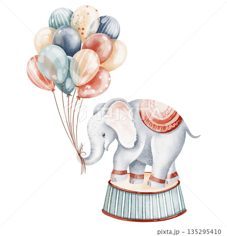 Elephant On Podium With Balloons Circus Illustration 135295410