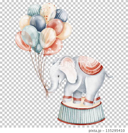 Elephant On Podium With Balloons Circus Illustration 135295410