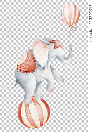 Circus Elephant Balancing On Ball With Balloon 135295417