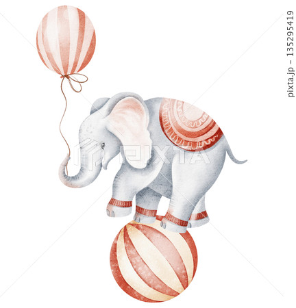 Circus Elephant Balancing On Ball With Balloon 135295419