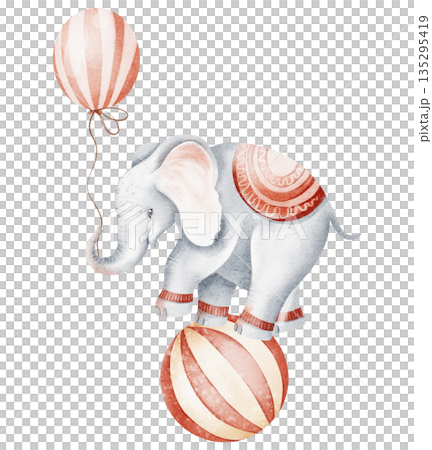 Circus Elephant Balancing On Ball With Balloon 135295419