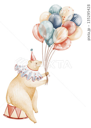 Circus Bear On Podium With Balloons Watercolor Illustration 135295428