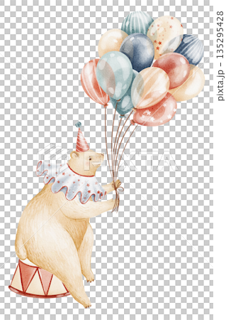 Circus Bear On Podium With Balloons Watercolor Illustration 135295428