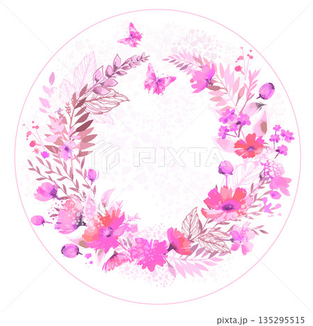 Round frame watercolor with pink flowers. hand drawn. Not AI, Vector illustration Round frame watercolor with pink flowers. hand drawn. Not AI, Vector illustration 135295515