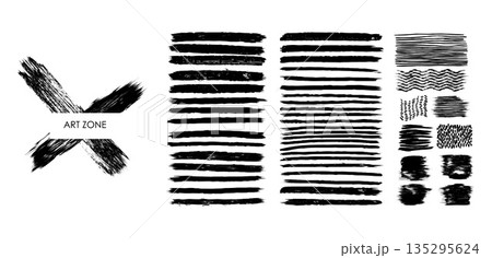 Japanese red ink brushstroke vector pack paint strips, circles, frames and texture highlights. 135295624