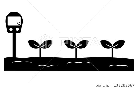 圃場に挿した地温計で土壌温度を測定している農業ピクトグラム	 135295667