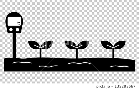 圃場に挿した地温計で土壌温度を測定している農業ピクトグラム	 135295667