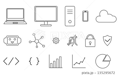 テクノロジーとIT関連を象徴する白黒アイコンセット テクノロジーとIT関連を象徴する白黒アイコンセット 135295672