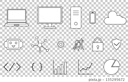 テクノロジーとIT関連を象徴する白黒アイコンセット テクノロジーとIT関連を象徴する白黒アイコンセット 135295672