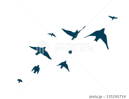 Flying birds silhouette flock. hand drawing. Not AI. Vector illustration Flying birds silhouette flock. hand drawing. Not AI. Vector illustration 135295714