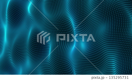 Futuristic glowing landscape of blue dots forming a wavy grid 135295731
