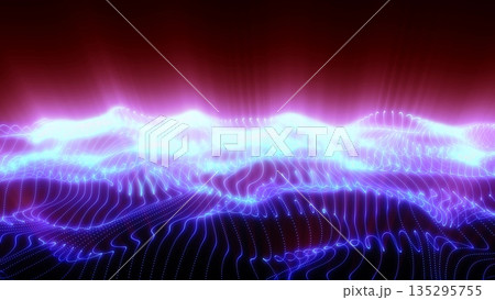 Purple energy waves from particle dots and stripe lines glowing futuristic beautiful and sunrise beams shining Purple energy waves from particle dots and stripe lines glowing futuristic beautiful and sunrise beams shining 135295755