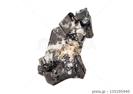 macro black mineral Tourmaline stone with aquamarine on a white background macro black mineral Tourmaline stone with aquamarine on a white background 135295940