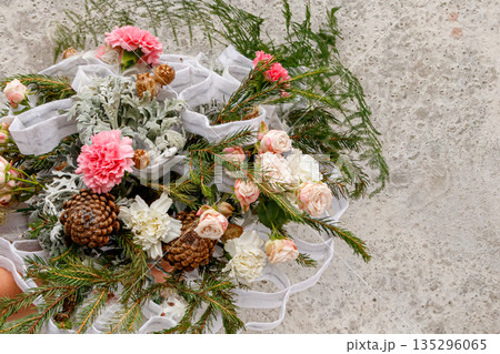 Christmas composition of flowers and Christmas decorations Christmas composition of flowers and Christmas decorations 135296065