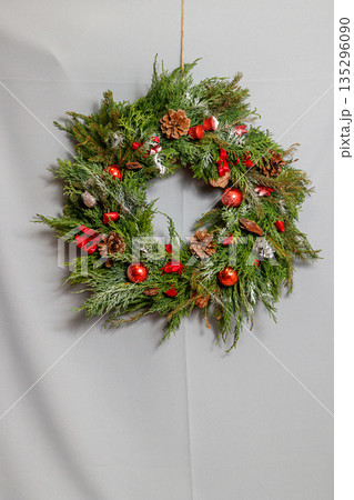 Christmas composition. Wreath of Christmas tree branches Christmas composition. Wreath of Christmas tree branches 135296090
