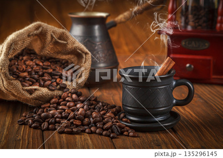 Coffee composition, coffee with coffee grinder, cup and teapot 135296145
