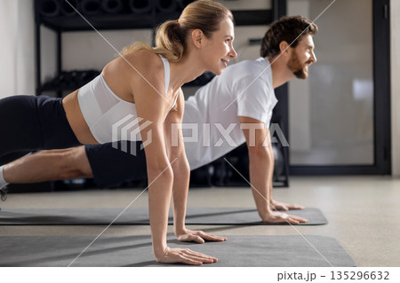 Two people having a workout in gym and standing in plank Two people having a workout in gym and standing in plank 135296632