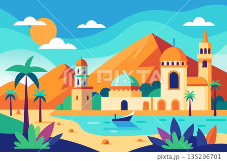 Eastern palace.Tourist resorts in the mountains with a sea bay and greenery 135296701