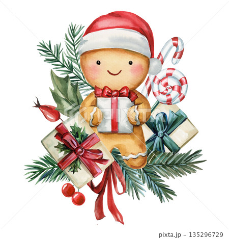 Gingerbread man with candy cane lollipop and wrapped gifts watercolor clipart for festive greeting cards and packaging 135296729