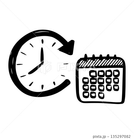 Hand Drawn Clock with Arrow and Calendar Icon. Time Management and Deadline Concept Illustration. 135297082