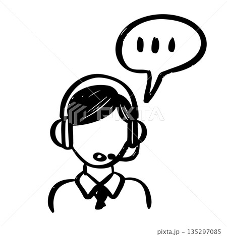 Customer Service Representative Hand Drawn Illustration, Support Agent with Headset and Speech Bubble Doodle Icon. Customer Service Representative Hand Drawn Illustration, Support Agent with Headset and Speech Bubble Doodle Icon. 135297085