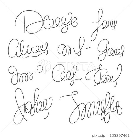 Hand drawn fake signatures set simple doodle samples of peoples authentic calligraphy lettering to sign documents, fictitious contract signatures, business autograph illustration 135297461