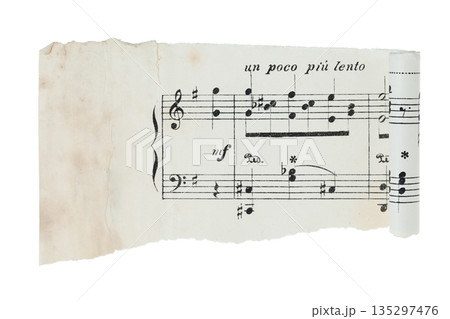 Unfolded torn fragment of antique sheet music with one curled edge and one straight edge, isolated on transparent background for banner and vintage design use Unfolded torn fragment of antique sheet music with one curled edge and one straight edge, isolated on transparent background for banner and vintage design use 135297476