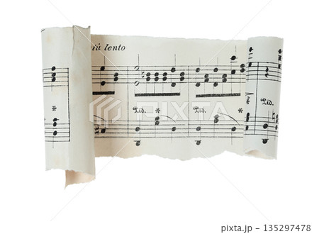 Unfolded torn fragment of antique sheet music with both paper edges curled, isolated on transparent background. Vintage musical paper element for design, banners, and creative layouts 135297478