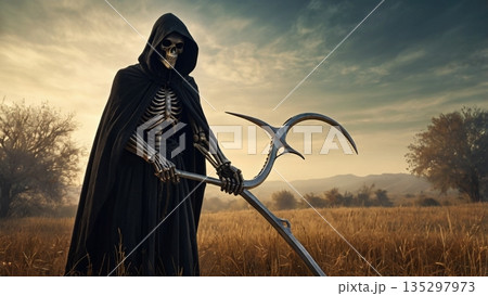 夜明けの光を背に大鎌を掲げる死神 ― 希望と運命が交差する幻想世界 135297973