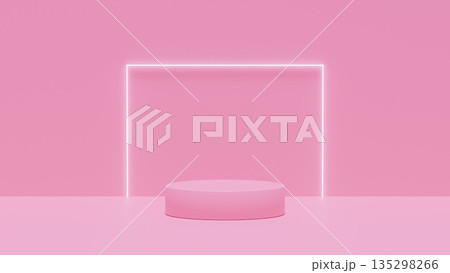 長方形のLEDフレームが光る背景に円形のステージがある空間。ピンクの撮影スタジオのCGイラスト 135298266