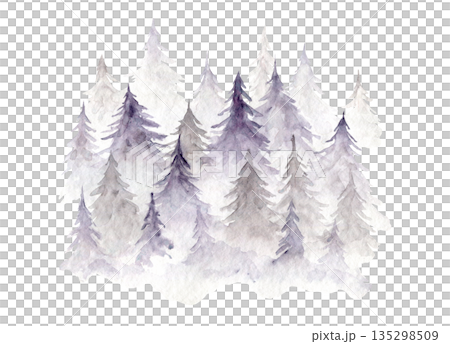 Light misty purple and gray gradient watercolor illustration of textured coniferous fir forest. Evergreen watercolour pine trees landscape print for winter Christmas design, poster, sticker Light misty purple and gray gradient watercolor illustration of textured coniferous fir forest. Evergreen watercolour pine trees landscape print for winter Christmas design, poster, sticker 135298509
