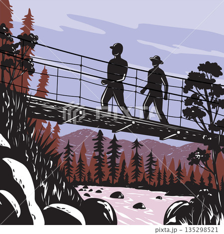 Hikers on Wawona Swinging Bridge in Yosemite National Park Woodc 135298521
