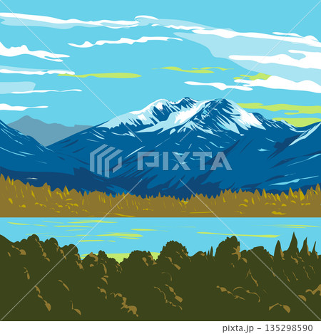 Murchison Mountains in Fiordland National Park New Zealand WPA Poster Art 135298590