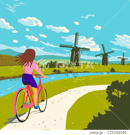 Kinderdijk Windmills in Molenlanden South Holland Netherlands WPA Art Kinderdijk Windmills in Molenlanden South Holland Netherlands WPA Art 135298595