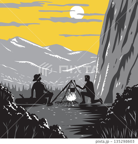 Campers near Yosemite Valley in Yosemite National Park Woodcut Retro Style Campers near Yosemite Valley in Yosemite National Park Woodcut Retro Style 135298603