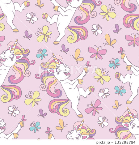 Seamless pattern with funny unicorns and butterflies vector 135298784